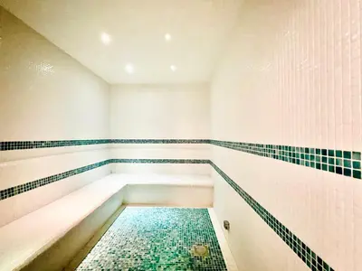 a swimming pool in a bathroom with green tiles at Modern Studio in Business Bay in Dubai