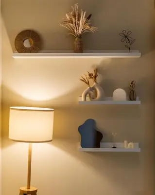 a lamp and shelves with plants on a wall at Boho Nordic Bliss in Dubai in Dubai