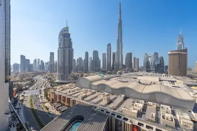 a view of a city with buildings in the background at Luxury Living - Spectacular Burj Khalifa Views in Dubai