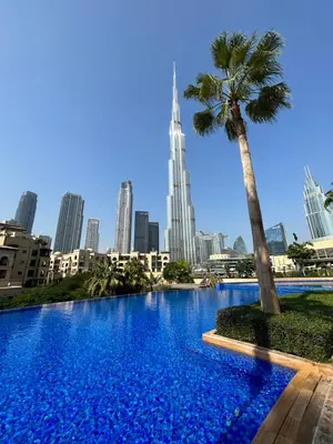 a large swimming pool with a palm tree and a city at The Address Downtown Studio 1911 in Dubai