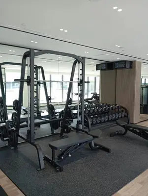 a gym with rows of tread machines in a building at Modern Luxury Fully Furnished 1BH Apartment in Binghatt Emerald JVC - Easy Access to JBR, Circle Mall & Dubai Hills Mall in Dubai
