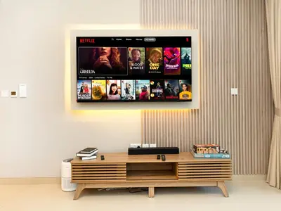 a living room with a tv on a wall at Brand New! Dubai Eye & JBR Beach Panorama! in Dubai