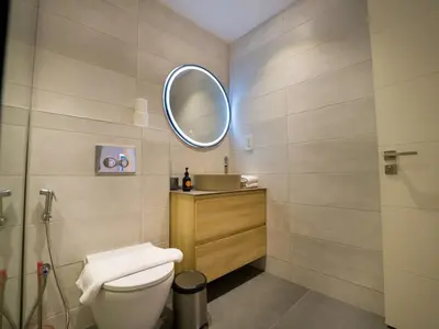 a bathroom with a sink and a toilet and a mirror at EasyGo- amazing 1bdr with view south ridge- downtown in Dubai