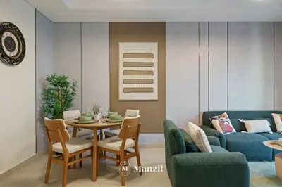 a living room with a table and a couch at 1BR Apt Near Downtown Dubai with Pool & Skyline Views in Dubai