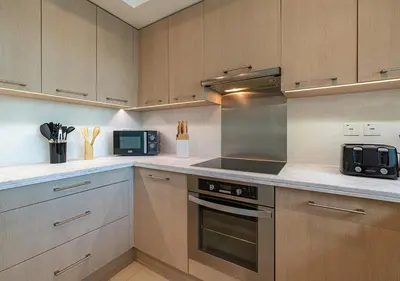 a kitchen with a stove and a microwave at Luxurious 2-bedroom Apartment in Downtown with Burj Khalifa View in Dubai