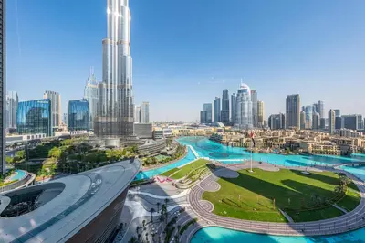 a view of a city with tall buildings at The View of a Lifetime - Luxury Living with Full Burj Khalifa & Fountain Show in Dubai