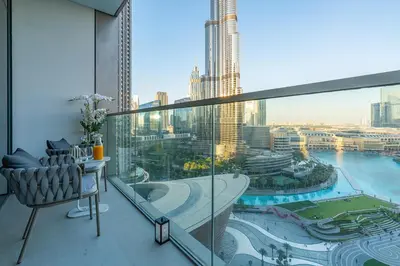 a balcony with a view of a city at Skyline Majesty - Luxury Living with Full Burj Khalifa & Fountain Views in Dubai