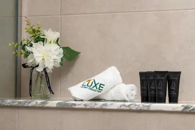 a bathroom counter with a vase of flowers and a towel at Paramount Midtown by Luxe Living in Dubai
