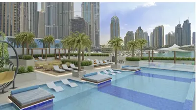 a rendering of a hotel swimming pool with a city skyline at Exclusive Marina Stay - Posh 3BR with Stunning Views in Dubai