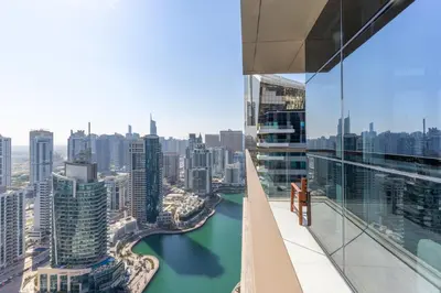 a view of a river from the top of a skyscraper at Exclusive Marina Stay - Posh 3BR with Stunning Views in Dubai