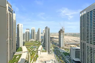 an aerial view of a city with tall buildings at Luxe Living in 1 Bedroom apartment at 17 Icon Bay in Dubai