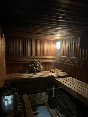 a sauna with a plant sitting on a wooden shelf at Spacious 1 BHK in Marina Heights in Dubai