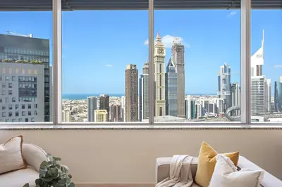 a large window with a view of the city at Silkhaus Comfort Studio at Sky gardens-DIFC in Dubai