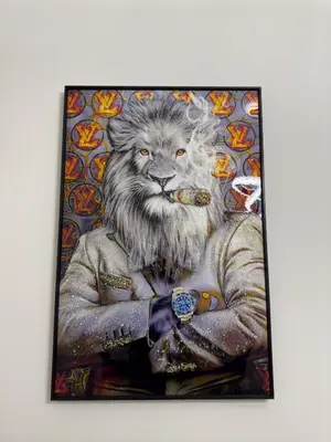 a painting of a lion dressed in a suit at Furnished Studio Azizi Riviera 3 in Dubai