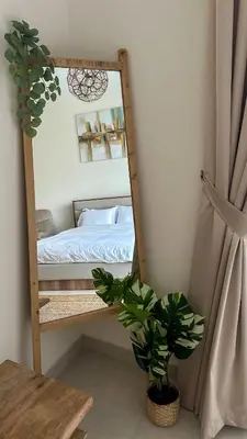 a mirror in a room with a bed and a plant at Stylish studio, center area, close to Burj Khalifa in Dubai