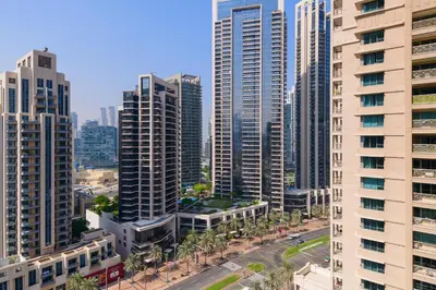 an aerial view of a city with tall buildings at The Boulevard Suite Luxury Burj Khalifa View - Downtown in Dubai