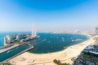 an aerial view of a beach and the ocean at Luxury 2 Bedroom Apartment with Breathtaking Dubai in Dubai