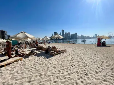 a group of people sitting on a beach with umbrellas at Great one bedroom apartment with infinity pool in Dubai