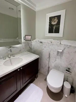 a bathroom with a white toilet and a sink at Apt Dubai Downtown in Dubai