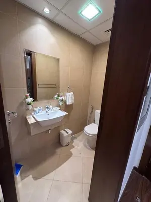 a bathroom with a sink and a toilet and a mirror at Brand New Apartment IN JVC in Dubai