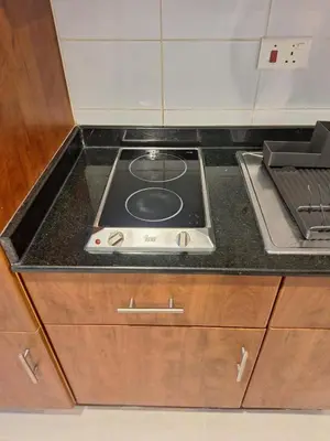 a stove in a kitchen with a counter top at Bright Studio Unit at Lake Terrace with lake view in Dubai