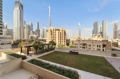 a view of the city from the roof of a building at 2BR plus Maid Bellevue Tower 1, Burj Khalifa View in Dubai