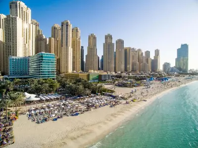 an aerial view of a beach in front of a city at Jumeirah Beach Residence - Rimal 6, Dubai Marina in Dubai