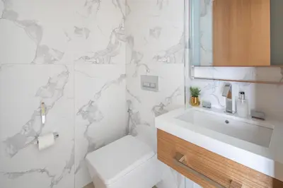 a bathroom with a sink and a toilet and a mirror at Frank Porter - Address Opera in Dubai