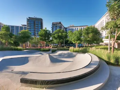 a skate park with a skateboard ramp in a city at Vacay Lettings -2 bed at Park ridge Dubai Hills in Dubai