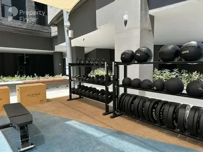 a room with a bunch of exercise balls on display at Luxury Apartment with Burj Khalifa View, Balcony Netflix WeHome Premium in Dubai