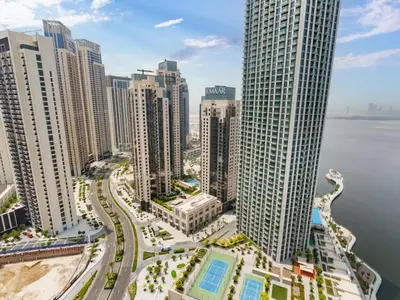 an aerial view of a city with tall buildings at Beach Rental- Grand Creek Harbour in Dubai in Dubai