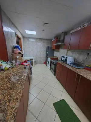 a kitchen with a counter with a teddy bear sitting on the counter at Private Master Room Marina Beach next to Marriott in Dubai