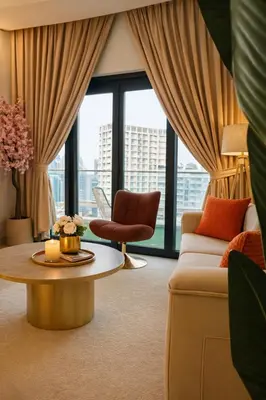 a living room with a couch and a table at Luxury Burj Khalifa & Canal View Apartment, Business Bay, Downtown Dubai in Dubai