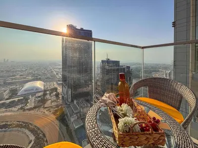 a basket of vegetables sitting on a table on top of a building at Frank Porter - Amna Tower in Dubai