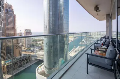 a balcony with a view of a city at Frank Porter - Damac Heights in Dubai