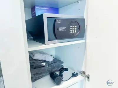 a microwave oven sitting on top of a shelf at Modern Studio in Business Bay Capital Bay Tower in Dubai