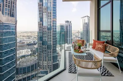 a room with a view of a city at Frank Porter - Urban Oasis in Dubai