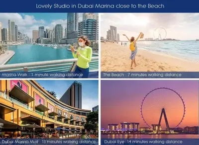 a collage of four pictures of the beach at Studio in Dubai Marina near beach and Metro Z514 in Dubai