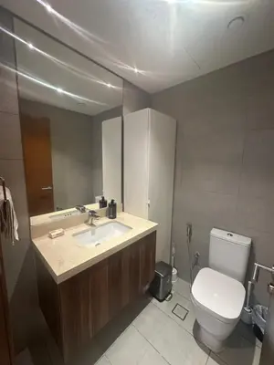 a bathroom with a white toilet and a sink at Azizi Mina in Dubai