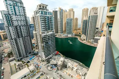 an aerial view of a city with tall buildings at GuestReady - Serene Dubai Marina haven in Dubai