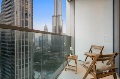 a balcony with a view of a city at FIRST CLASS 2BR Incredible Burj Khalifa View in Dubai