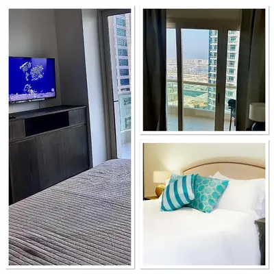 three pictures of a hotel room with a bed and a television at Dubai Marina, 2 Bedrooms, apartment, sea view, JBR in Dubai