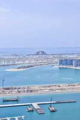 an aerial view of a harbor with boats in the water at Luxury Sea View apartment in Dubai