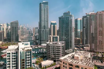 an aerial view of a city with tall buildings at Cozy Urban 2BR Apartment in DEC Tower Marina in Dubai