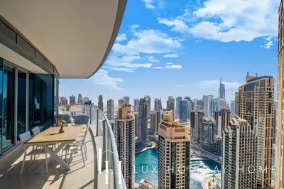 a balcony with a view of the city at LUX The Premium Marina Sea View Suite in Dubai