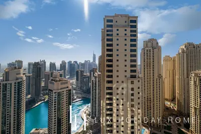 a view of a city with tall buildings at LUX The Premium Marina Sea View Suite in Dubai