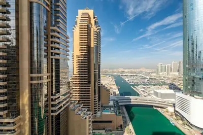a view of a city with tall buildings and a river at GuestReady - Mesmerizing Marina views at Iris Blue in Dubai