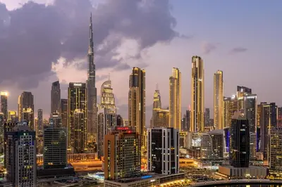 a skyline of a city with a lot of tall buildings at Waves - Stunning 1BR with Huge Terrace & Scenic Views in Dubai