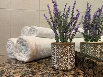 two vases with purple flowers on a counter in a bathroom at Cozy home marina in Dubai