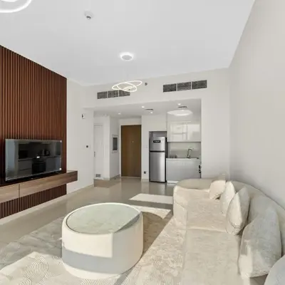 a living room with a couch and a table at Park Point C-1 bedroom for monthly stay-1005 in Dubai